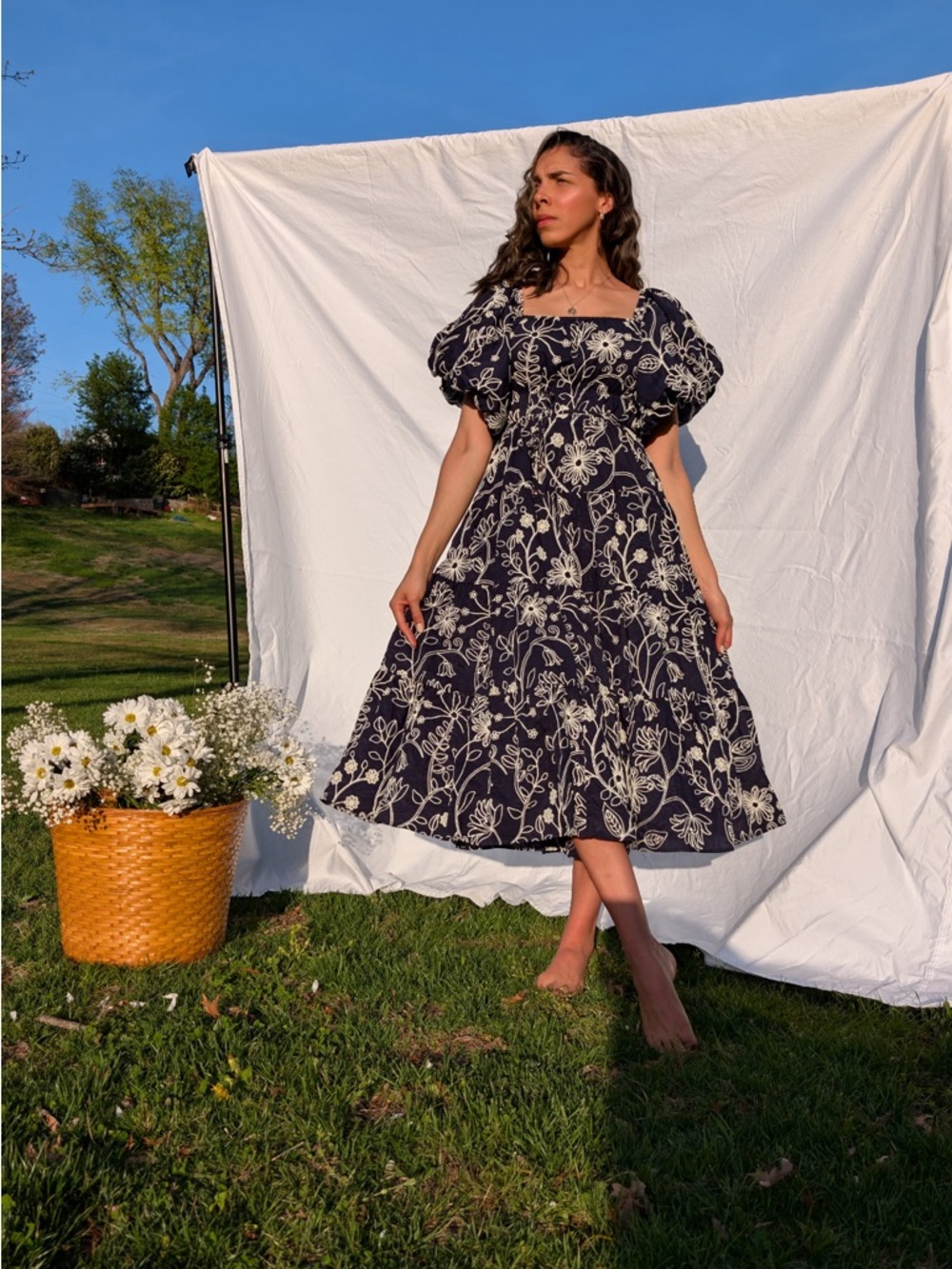 Navy Floral Puff-Sleeve Midi Dress